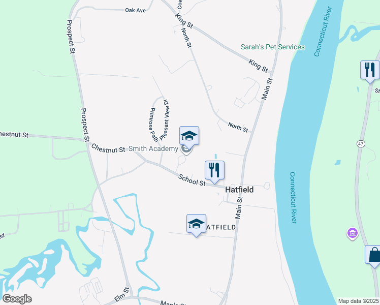 map of restaurants, bars, coffee shops, grocery stores, and more near 34 School Street in Hatfield