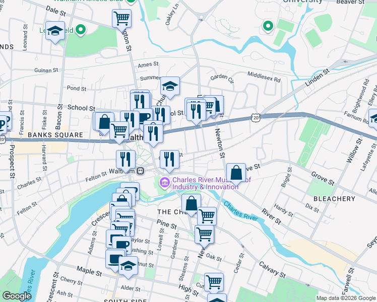 map of restaurants, bars, coffee shops, grocery stores, and more near 70 Central Street in Waltham