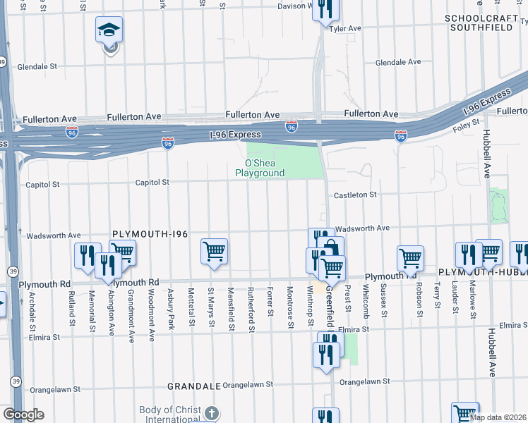 map of restaurants, bars, coffee shops, grocery stores, and more near 12016 Rutherford Street in Detroit