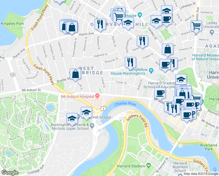 map of restaurants, bars, coffee shops, grocery stores, and more near 28 Gibson Street in Cambridge