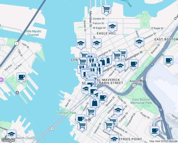 map of restaurants, bars, coffee shops, grocery stores, and more near 210 Border Street in Boston