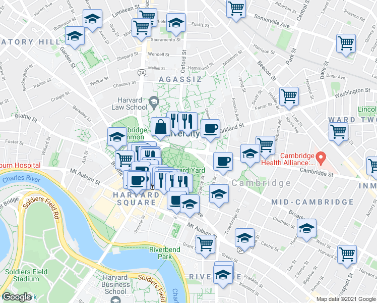map of restaurants, bars, coffee shops, grocery stores, and more near Cambridge St & Broadway in Cambridge
