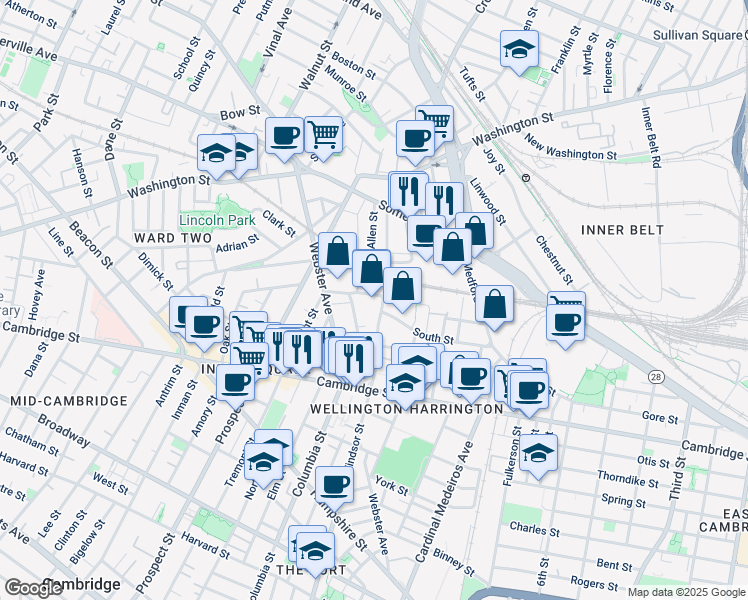 map of restaurants, bars, coffee shops, grocery stores, and more near 198 South Street in Somerville