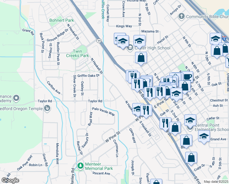 map of restaurants, bars, coffee shops, grocery stores, and more near 401 Richardson Drive in Central Point