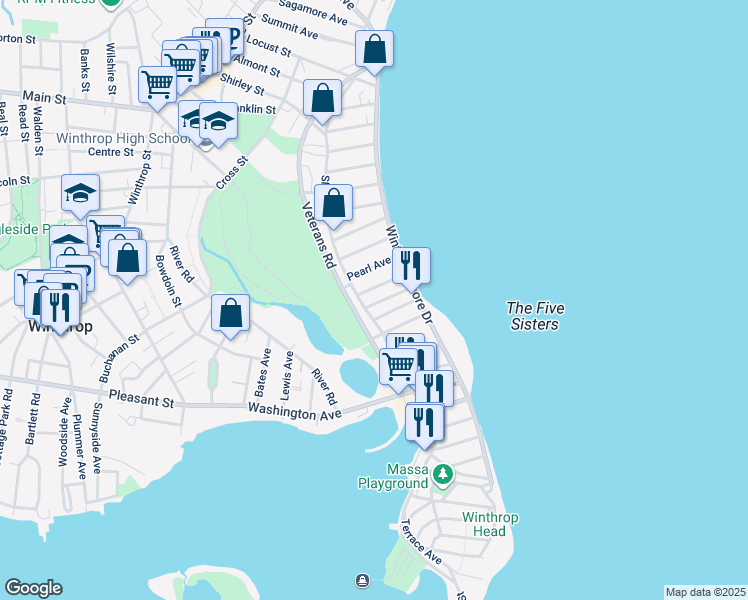 map of restaurants, bars, coffee shops, grocery stores, and more near 386 Shirley Street in Winthrop