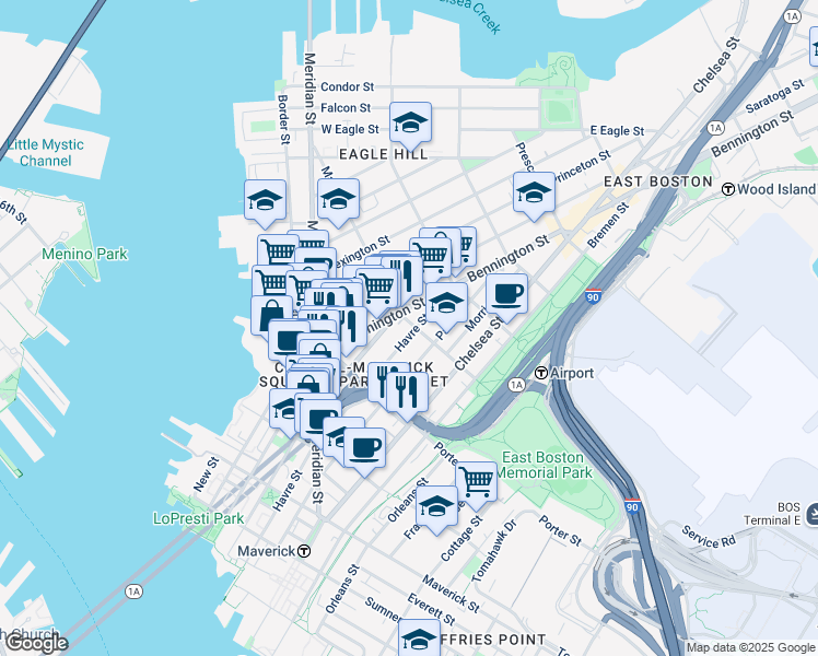 map of restaurants, bars, coffee shops, grocery stores, and more near 227 Havre Street in Boston
