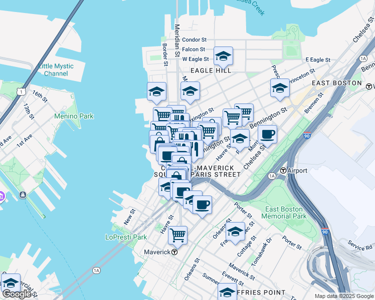 map of restaurants, bars, coffee shops, grocery stores, and more near 15 Meridian Street in Boston