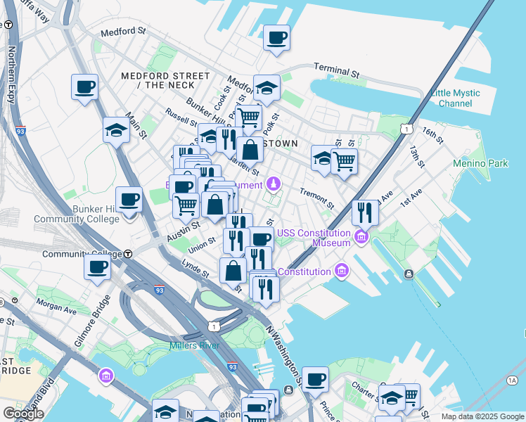 map of restaurants, bars, coffee shops, grocery stores, and more near 47 Soley Street in Boston