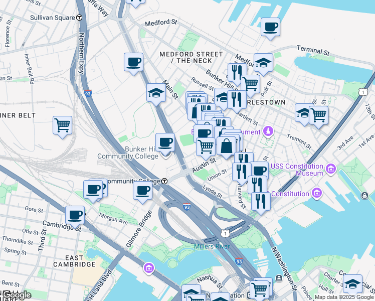 map of restaurants, bars, coffee shops, grocery stores, and more near 29-31 Austin Street in Boston