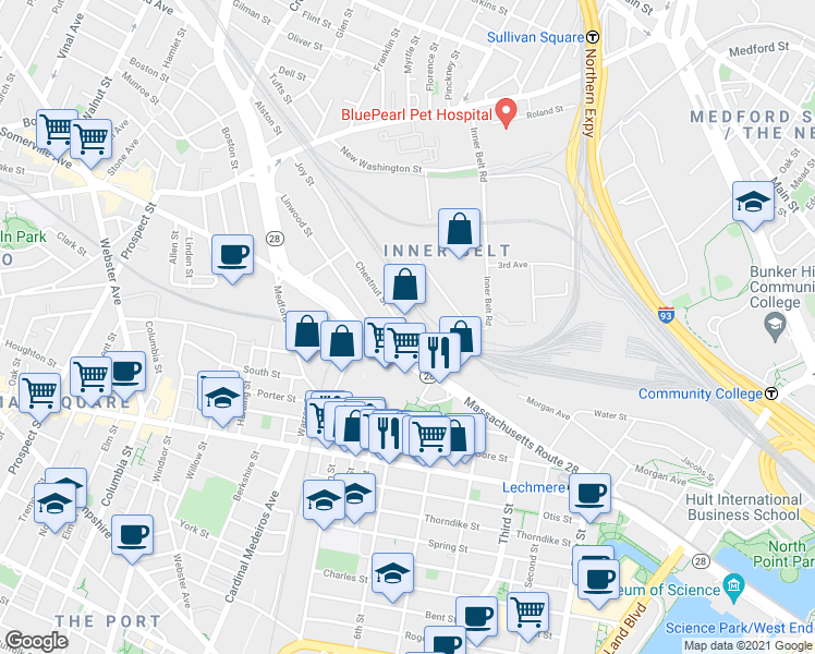 map of restaurants, bars, coffee shops, grocery stores, and more near 51 McGrath Highway in Somerville