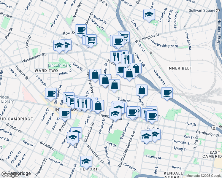 map of restaurants, bars, coffee shops, grocery stores, and more near 198 South Street in Somerville