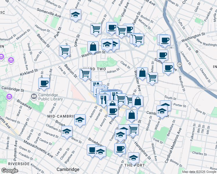 map of restaurants, bars, coffee shops, grocery stores, and more near 37 Springfield Street in Somerville