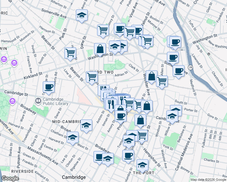 map of restaurants, bars, coffee shops, grocery stores, and more near 37 Springfield Street in Somerville