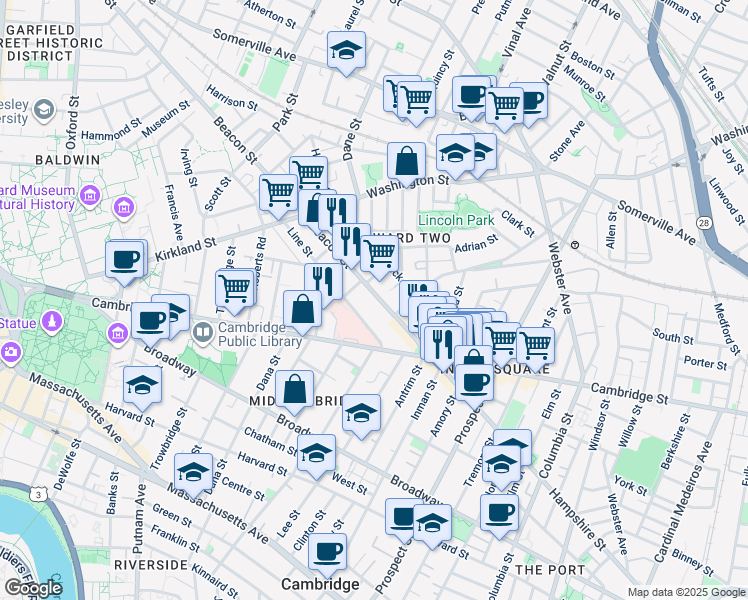 map of restaurants, bars, coffee shops, grocery stores, and more near 28 Beacon Street in Somerville