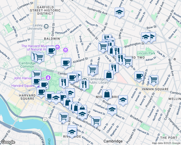 map of restaurants, bars, coffee shops, grocery stores, and more near 1629 Cambridge Street in Cambridge