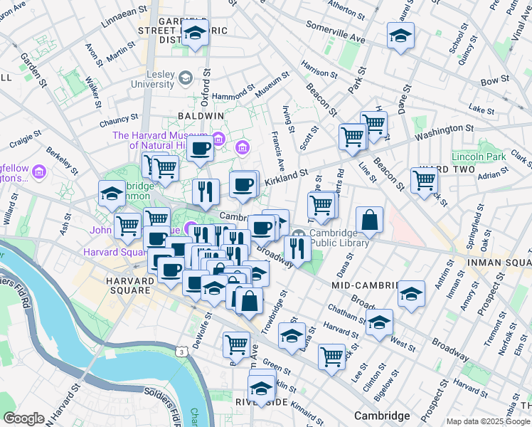 map of restaurants, bars, coffee shops, grocery stores, and more near in Cambridge