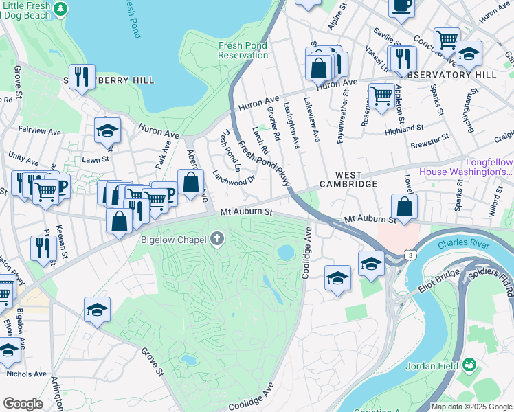 map of restaurants, bars, coffee shops, grocery stores, and more near 527 Mount Auburn Street in Cambridge