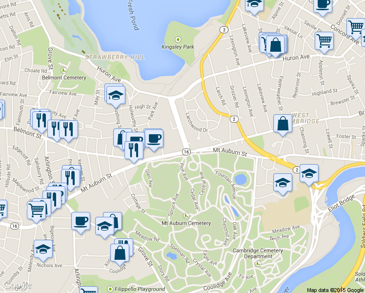 map of restaurants, bars, coffee shops, grocery stores, and more near 4118 Mount Auburn Street in Cambridge