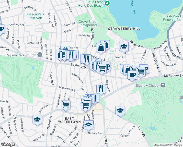 map of restaurants, bars, coffee shops, grocery stores, and more near 362 Arlington Street in Watertown