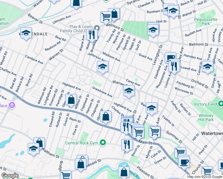 map of restaurants, bars, coffee shops, grocery stores, and more near 9 Grandview Avenue in Watertown