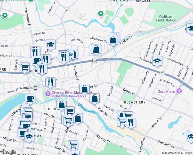 map of restaurants, bars, coffee shops, grocery stores, and more near 19 Centre Street in Waltham