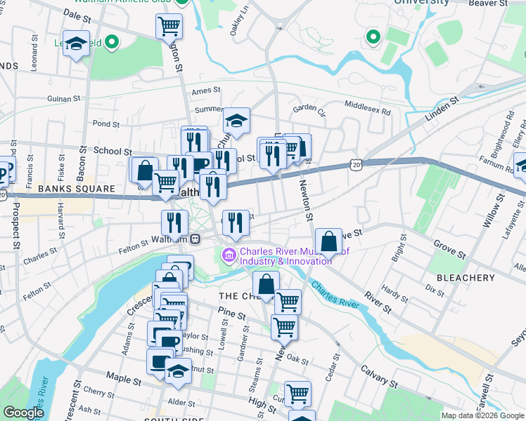 map of restaurants, bars, coffee shops, grocery stores, and more near 70 Central Street in Waltham