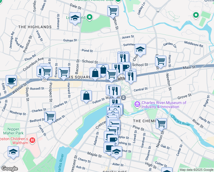 map of restaurants, bars, coffee shops, grocery stores, and more near 20 Charles Street in Waltham