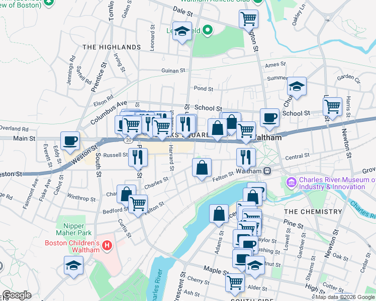 map of restaurants, bars, coffee shops, grocery stores, and more near 10 Russell Street in Waltham