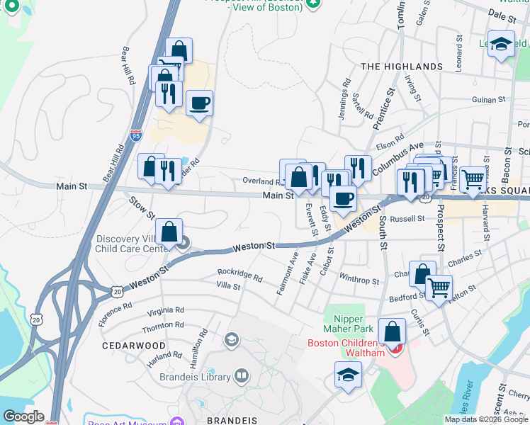 map of restaurants, bars, coffee shops, grocery stores, and more near 60 Caldwell Road in Waltham