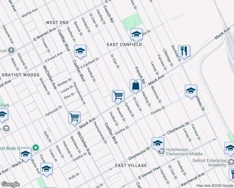 map of restaurants, bars, coffee shops, grocery stores, and more near 3730 Bewick Street in Detroit