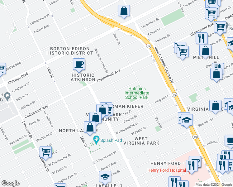 map of restaurants, bars, coffee shops, grocery stores, and more near 1620 Gladstone Street in Detroit