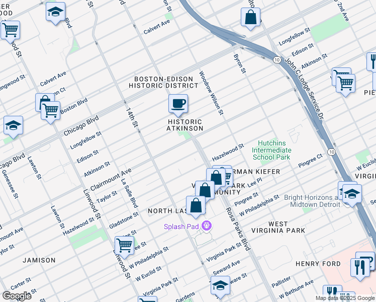 map of restaurants, bars, coffee shops, grocery stores, and more near 1963 Taylor Street in Detroit