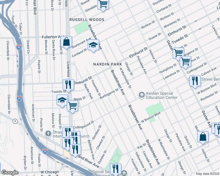 map of restaurants, bars, coffee shops, grocery stores, and more near 11601 Cascade Avenue in Detroit