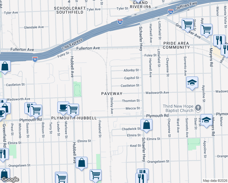 map of restaurants, bars, coffee shops, grocery stores, and more near 13815 Wadsworth Street in Detroit