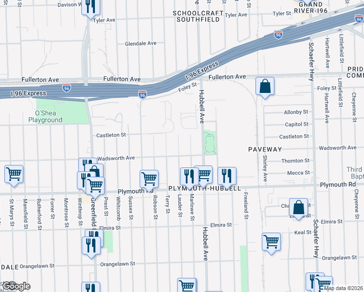 map of restaurants, bars, coffee shops, grocery stores, and more near 12000 Lauder Street in Detroit