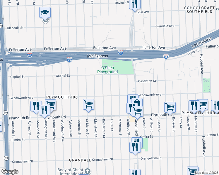 map of restaurants, bars, coffee shops, grocery stores, and more near 12016 Rutherford Street in Detroit