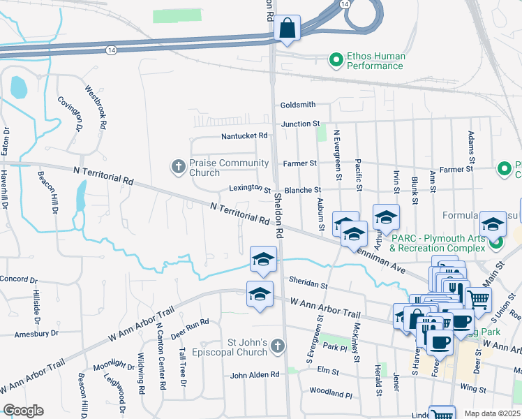 map of restaurants, bars, coffee shops, grocery stores, and more near 333 Sheldon Road in Plymouth