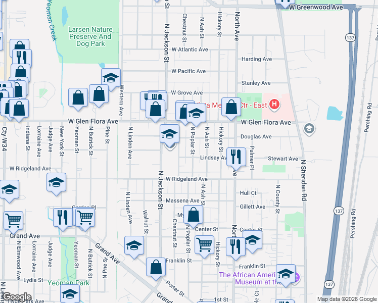 map of restaurants, bars, coffee shops, grocery stores, and more near 1110 North Poplar Street in Waukegan