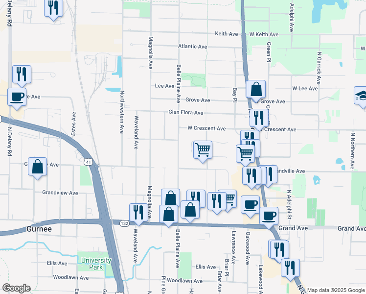 map of restaurants, bars, coffee shops, grocery stores, and more near 1045 Belle Plaine Avenue in Gurnee