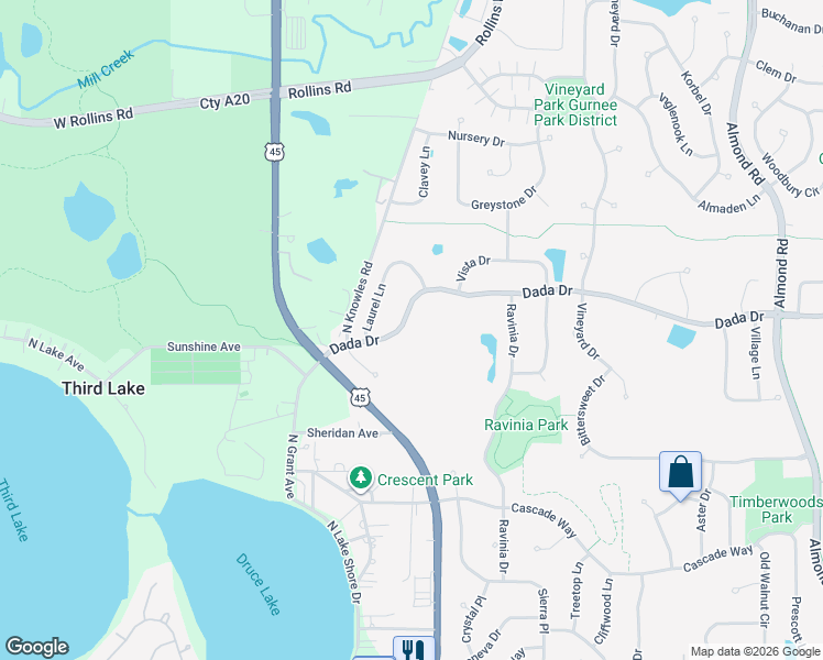 map of restaurants, bars, coffee shops, grocery stores, and more near 7959 Dada Drive in Gurnee