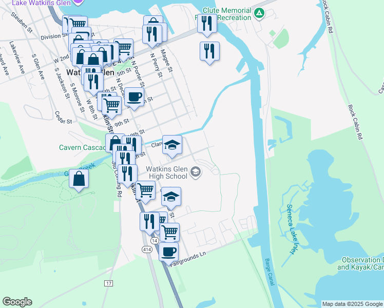 map of restaurants, bars, coffee shops, grocery stores, and more near 301 12th Street in Watkins Glen