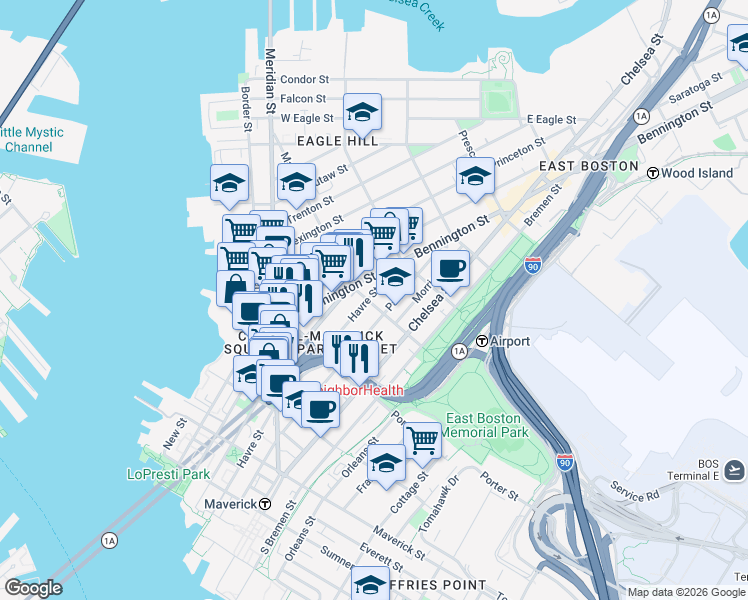 map of restaurants, bars, coffee shops, grocery stores, and more near 229 Havre Street in Boston