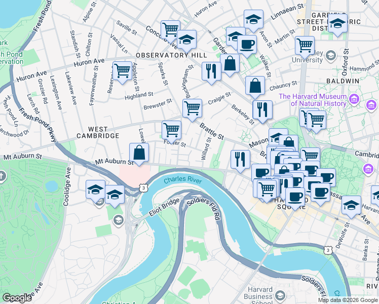 map of restaurants, bars, coffee shops, grocery stores, and more near 1 Sparks Street in Cambridge