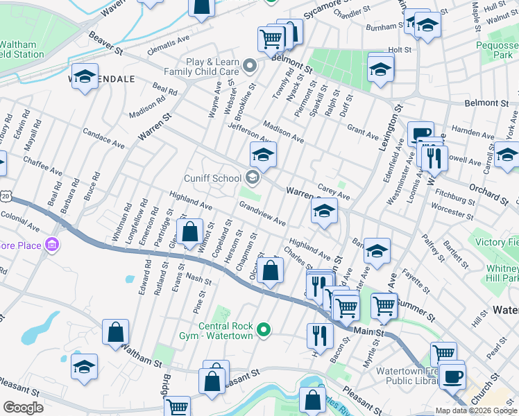 map of restaurants, bars, coffee shops, grocery stores, and more near 117 Highland Avenue in Watertown