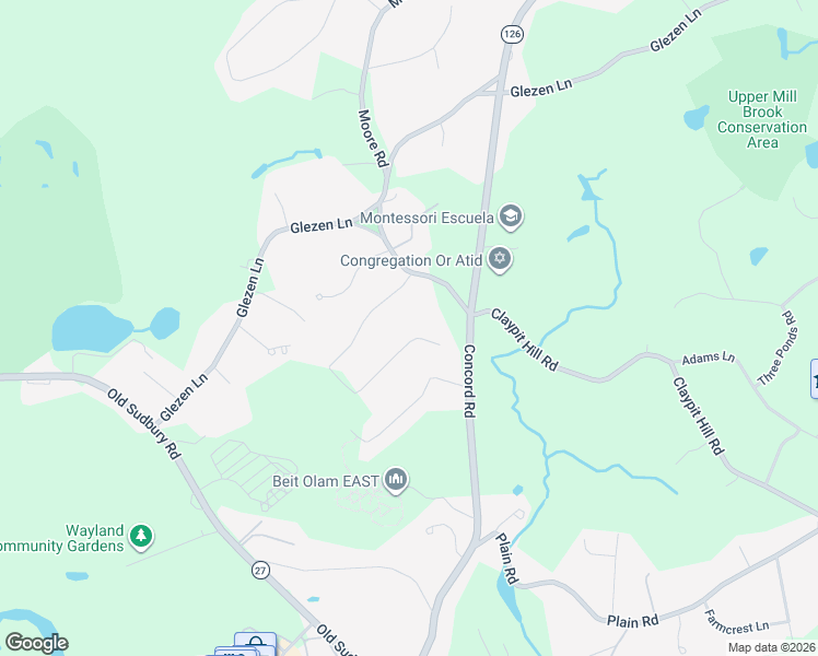 map of restaurants, bars, coffee shops, grocery stores, and more near 55 Orchard Lane in Wayland