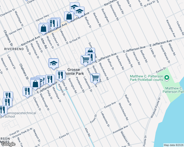map of restaurants, bars, coffee shops, grocery stores, and more near 935 Nottingham Road in Grosse Pointe Park