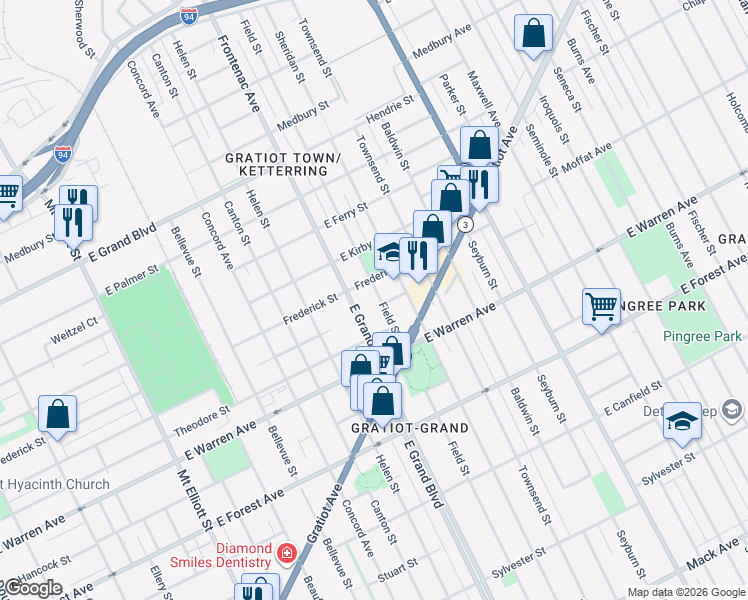 map of restaurants, bars, coffee shops, grocery stores, and more near 1206 East Grand Boulevard in Detroit