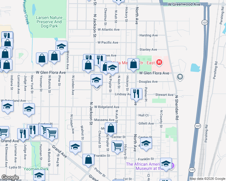map of restaurants, bars, coffee shops, grocery stores, and more near 1034 North Ash Street in Waukegan