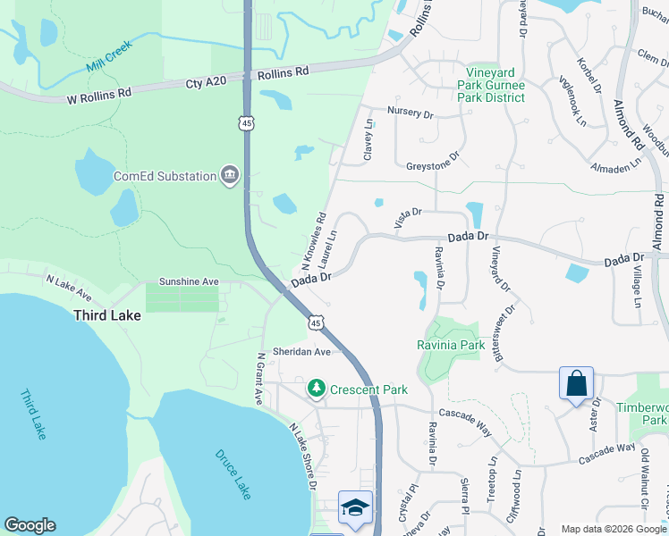 map of restaurants, bars, coffee shops, grocery stores, and more near 7991 Dada Drive in Gurnee