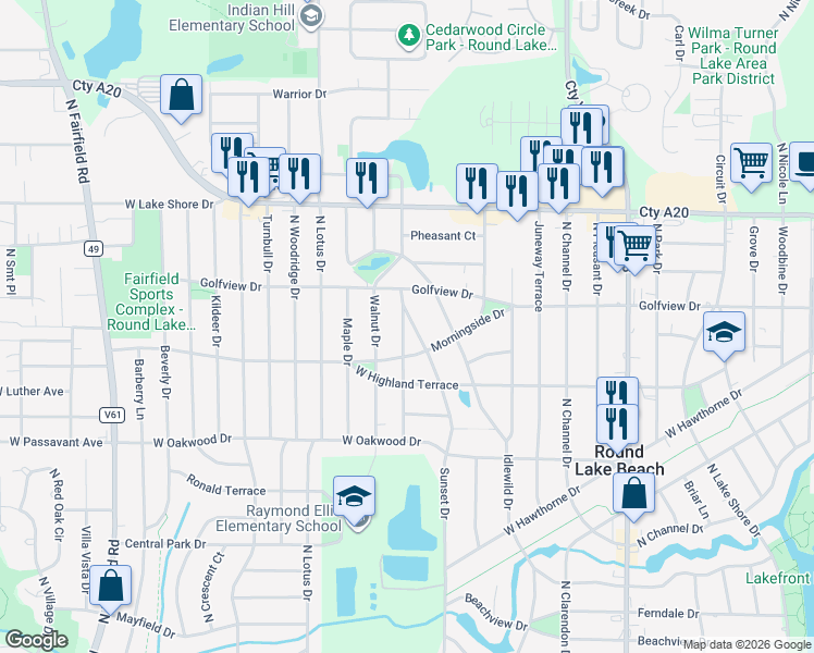 map of restaurants, bars, coffee shops, grocery stores, and more near 1426 Sunset Avenue in Round Lake Beach